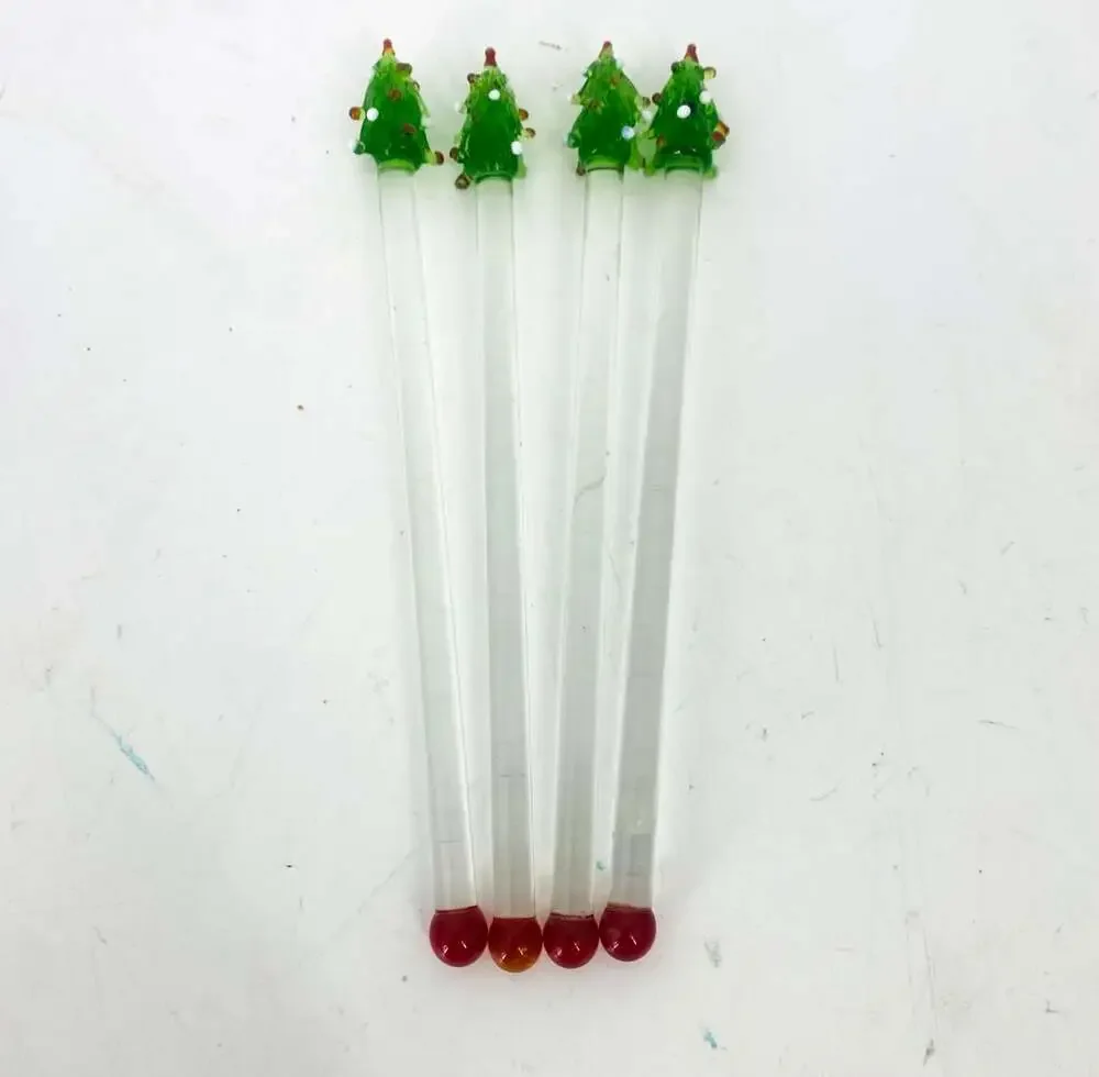Vintage Pier 1 Imports Glass Christmas Tree Swizzle Sticks Set of 4 Holiday Red